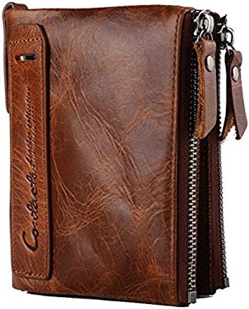 Lareinea Men Genuine Leather Cowhide Zip Wallet Vintage Bifold with Double Zipper Pockets (Brown)