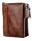 Lareinea Men Genuine Leather Cowhide Zip Wallet Vintage Bifold with Double Zipper Pockets (Brown)