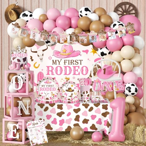 Cocomigo 272 PCS My First Rodeo Decorations Girl First Rodeo Birthday Decorations Girl Party Supplies with Balloon Garland Backdrop Tableware for 25 Guests High Chair Banner Balloon Boxes