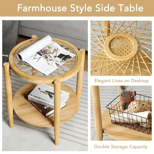 RUSTOWN Rattan Nightstands Set of 2,Boho Wood Round Side Tables, 2-Tier Natural End Table with Glass Top and Wood Legs, Sofa Side Table Bedside Table for Living Room Bedroom Couch(Natural)