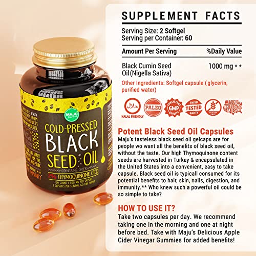 Maju's Black Seed Oil Capsules, Strong Cold Pressed, 2% Thymoquinone, 100% Turkish Black Cumin Nigella Sativa Seed Oil, Organic Bso, Liquid Blackseed Oil, 120 Count, 500Mg Per Capsule #TOP4