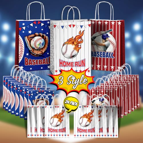 JOYGATHER 24 Pcs Baseball Goodie Bags with Handles, Baseball Party Favors Gift Candy Treat Snack Paper Bags with 3 Different Types for Birthday Party Supplies Decorations by JOYGATHER - Image 2