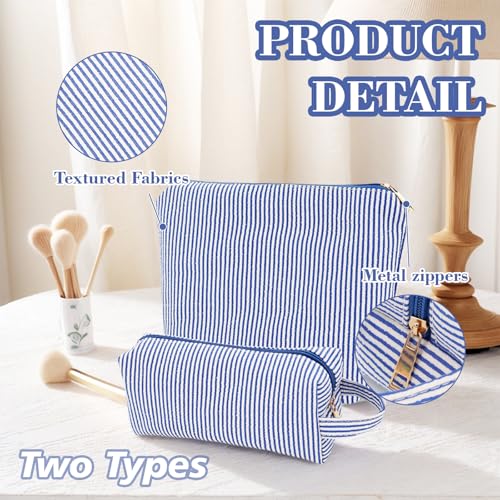 2 Pcs Makeup Bag, Toiletry For Women Cosmetic Bags Quilted Set Striped Preppy Make Up Pouch Gingham (Blue)3