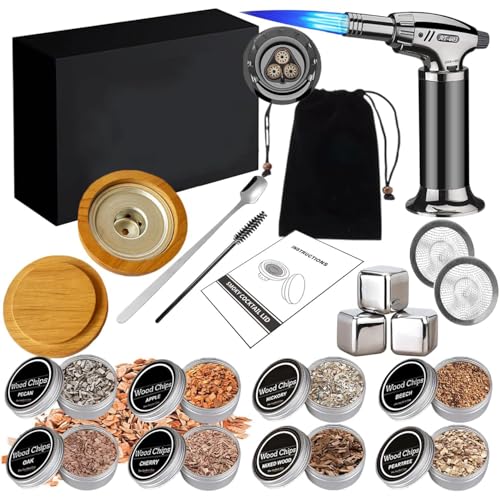 Nostalgia Smoker Set for Whiskey with Torch & Stainless Steel Ice Cubes 8 flavors Wood Chips Premium Cocktail Smoker Infuser Kit Infused Smoke for Drink and Food - Home/Garden/Grill Gift (Set 1)