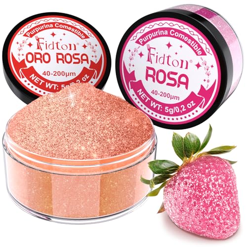 Purpurina Comestible - Fidton 2 Colores Colorante Alimentario Reposteria Polvo Set, Decoración Comestible para Tartas, Fondant Rojo, Reposteria, Chocolate, Macarrón, Cóctel - 5 g (Oro Rosa y Rosa)