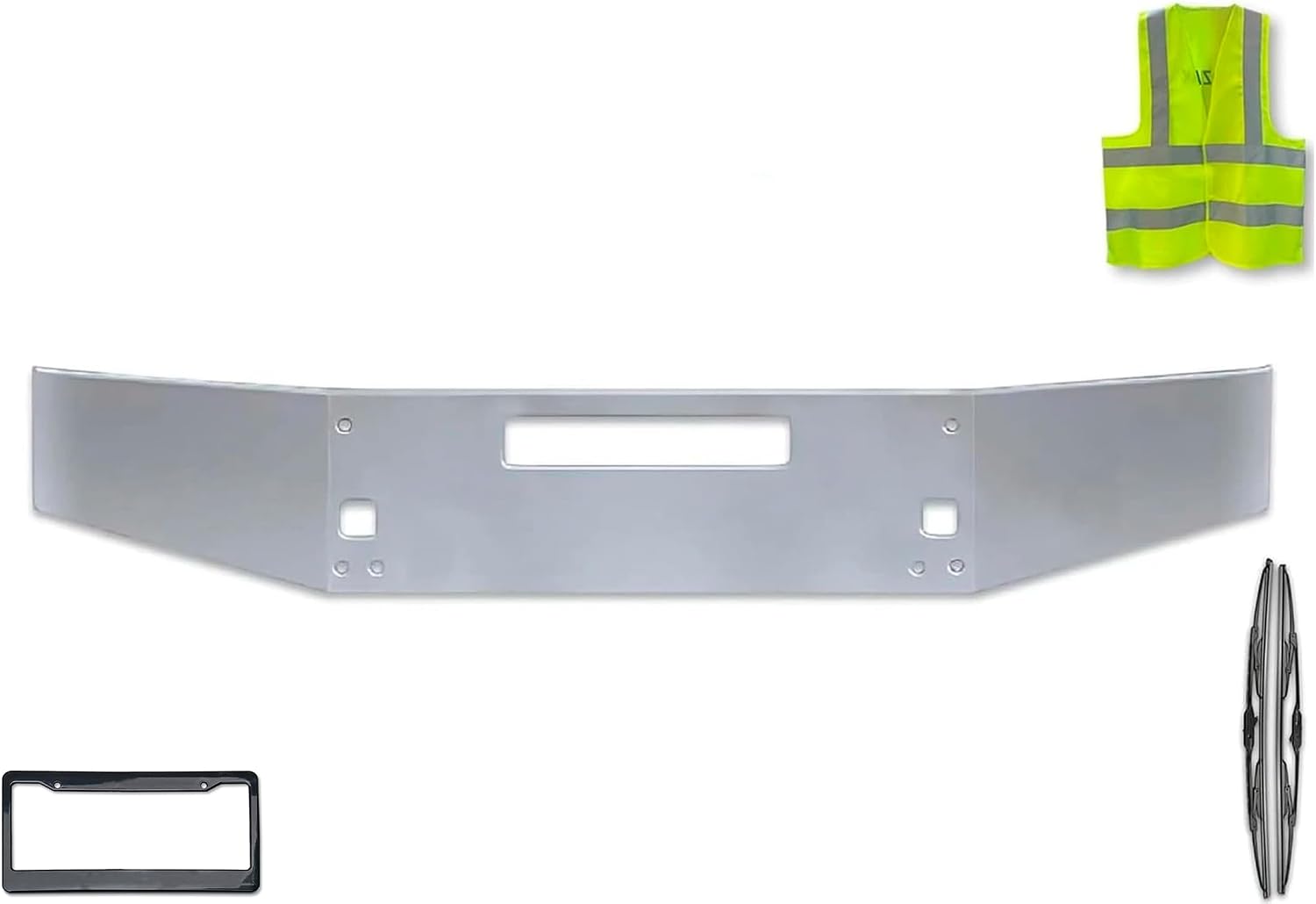 KOZAK15" Chrome Aero Bumper Without Fog Light Holes Compatible with Kenworth T800 T880 PLUS Logo and 2x22" Windshield Wipers, License Plate Frame and KOZAK Vest