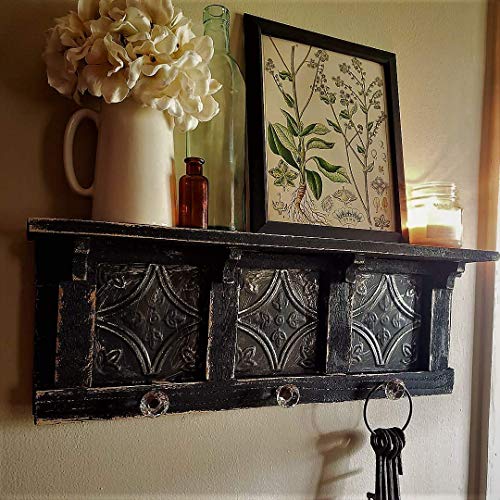 Antique Style TIN Black Wall shelf, Distressed Wall Shelf, French Country Wall Shelf, Shabby Chic Shelf, Book Shelf, Kitchen Shelf, glass knob hooks, 24"