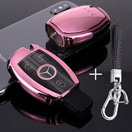TPU Cover for Mercedes Benz Key Fob,2-3 Buttons Smart Key Shell Case Compatible with Benz A/C/E/S/R/G/GLA/GLC/GLK/A209/W164/W245/W212/W204,with Leather Keychian-Pink