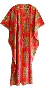 Robe Kaftan Longue En Coton Imprimé Bloc – Taille Libre, Faite Main – Pour Plage, Maison, Soirée Décontractée