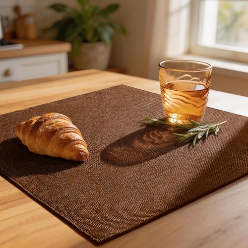 Linen Fabric Placemats Set of 4, Machine Washable, Heat Resistant, Wrinkle Free, Thick Polyester Kitchen Place Mats for Dining Table (Dark Brown)