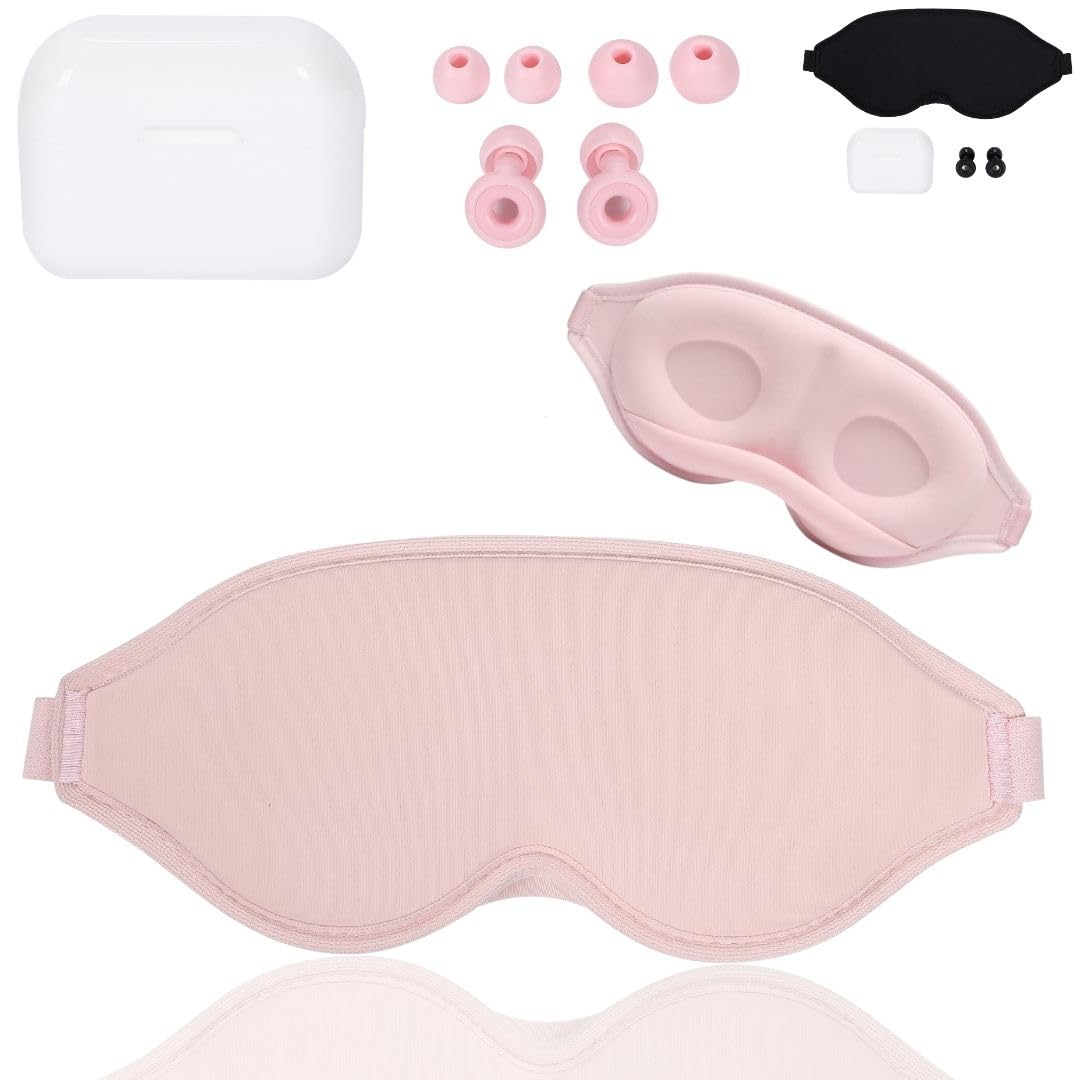 Set Antifaz para dormir 3D + Tapones oídos Cancelación de Ruido. Kit Viaje Máscara Dormir y Tapones Antironquidos, Eye Mask con Ear Plugs ideal para viajar, relajación y bloquear ruidos (Rosa)