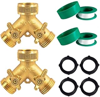 Hourleey Brass Garden Hose Splitter (2 Way), Solid Brass Hose Y Splitter 2 Valves with 2 Extra Rubber Washers (2 Pack)