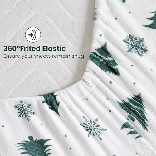 Image of Viviland Microfleece Full Bed Sheet Set, Green Deer | Soft Flannel-like Fleece, 100% Polyester, Fluffy Velvety Feel, 200GSM, 15 inch Deep Pocket, Warm Winter Gift & Decor
