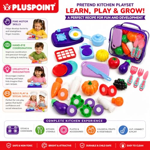 Image of PLUSPOINT Kitchen Set with Vegetables & Storage Bag | Sliceable Food Cutting Toy Set for Kids | Pretend Play Kitchen Food Accessories for Boys & Girls | Lunch Time Role Play Learning Toy