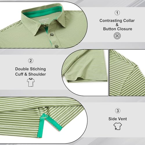 Image of Golf Shirts for Men - Dry Fit Moisture Wicking Short Sleeve Performance Sport Casual Striped Collared Mens Polo Shirt
