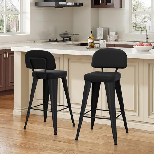 Image of Yongchuang 26 inch Black Bar Stools Set of 2 PU Leather Counter Height Stools with Back Metal Legs Upholstered Modern Kitchen Island Bar Chairs