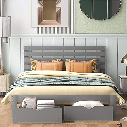 Merax Queen Bed Frame with Drawers Queen Bed Frame with Headboard, Wood Queen Platform Bed Frame with Storage for Kids,No Box Spring Needed,Grey
