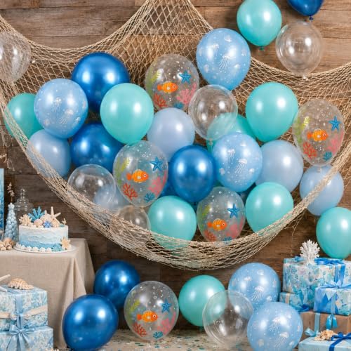 Image of Ocean Balloons, 12 inch Teal Blue Under the Sea Pearl Metallic Blue Balloons | with Sea Shell Print Pearl Aqua Clear Bubble Balloon for Summer Sea Beach Themed Pool Kids Birthday Baby Shower Decorations