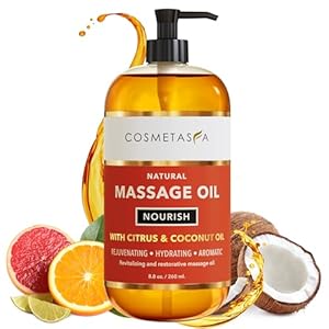 Natural Nourishing Citrus & Coconut Massage Oil- Smooth Glide, Non Greasy Therapeutic Massage Oils with Rejuvenating, Hydrating & Aromatic Essential Oils for Dry Skin, Soothes Muscle & Joints 8.8 oz