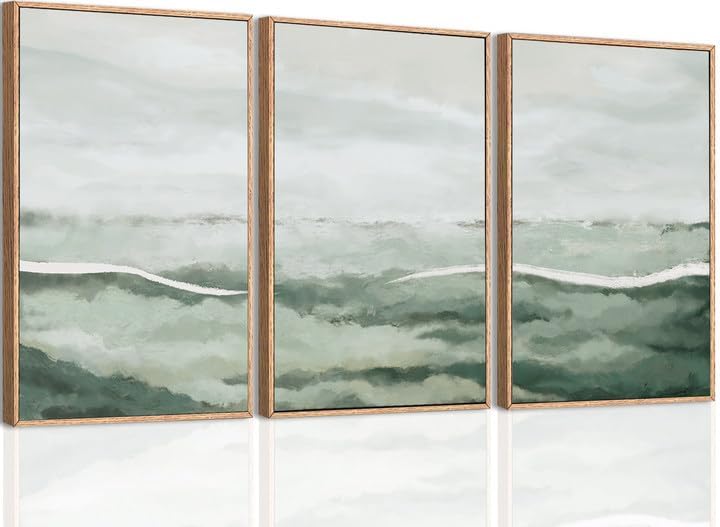 ANHUIB Green Wall Art 16x24 Inch Large Canvas Wall Art Abstract Watercolor Wall Decor Misty Landscape Art Prints Framed Neutral Paintings Set of 3 for Living Room Bedroom Ofice