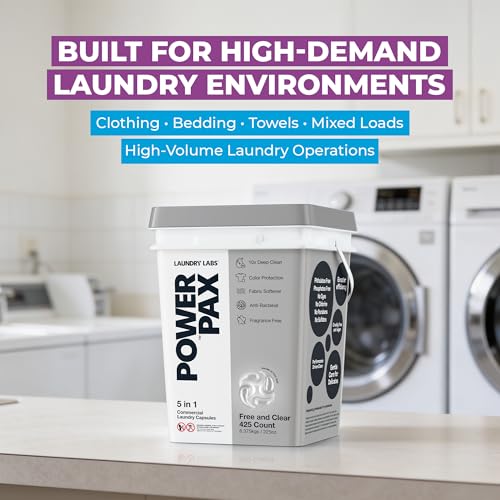 Image of PowerPax 5-in-1 Laundry Detergent Pods - 425 Count, Washer Pods with Stain Remover, Odor Control, Fabric Softener & Color Care for Commercial Laundry - Free and Clear
