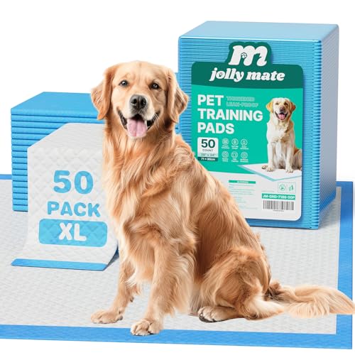 JollyMate 28'x34' Dog Pee Pads Extra Large, 50 Pack X-Large Super Absorbent Pet Pee Pads with Adhesive Tabs, 6 Layers Thick Leak-Proof Potty Pads for Dogs and Puppies