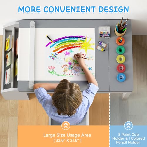 Image of 5-in-1 Kids Art Table and Chairs, Toddler Table and Chair Set, Craft Play Desk for Kids, Convertible Art Easel with Paper Roll Holder & Storage Drawers, Children Activity Learning Center-Gray
