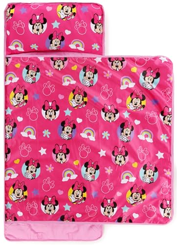Jay Franco Toddler Nap Mat with Built-in Pillow and Blanket - Soft 46 x 20-inch Microfiber Kids Sleeping Bag for School or Sleepover, Pink - Minnie Mouse