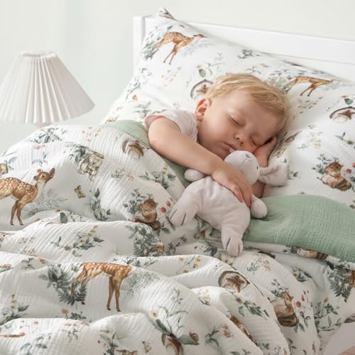 PHF Cotton Muslin Toddler Bedding Set Soft 3 Piece Toddler Comforter Kids Bed Set Green Woodland Animal Bedding Set for Boys