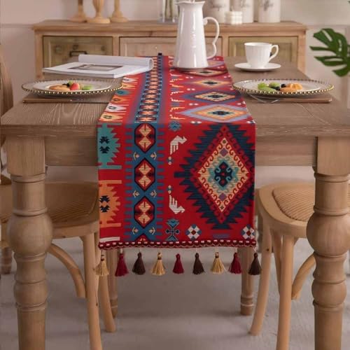 Clothfuna Camino de Mesa Jacquard Geométrico, Camino de Mesa Boho Rojo Vintage, Camino de Aparador Marroquí con Borlas para Mesa de Comedor Fiesta Vacaciones al Aire Libre, 33x160 cm / 13x63 pulgadas