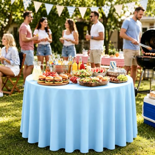 Image of WNINK 4 Pack Light Blue Round Tablecloth, 84 Inch Disposable Plastic Table Covers, Light Blue Round Table Cover for Birthday Parties, Holiday, Picnic, BBQ, Family Gathering Party Supplies