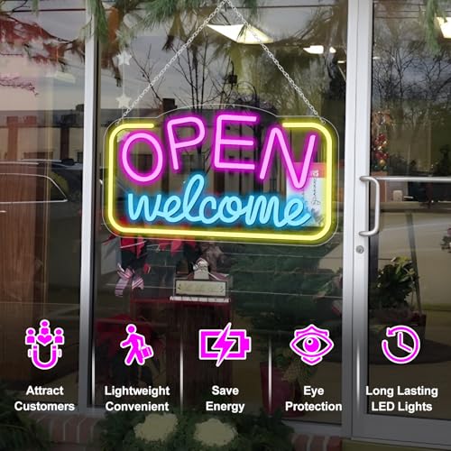 Image of Open Signs for Business, 16 inchX 9 inch Bright LED Neon Open Sign Powered by USB with ON /OFF Switch, Adjustable Brightness Open Sign for Bars, Hotel, Stores, Coffee, Window, Wall, Party (Pink&Blue&Yellow)