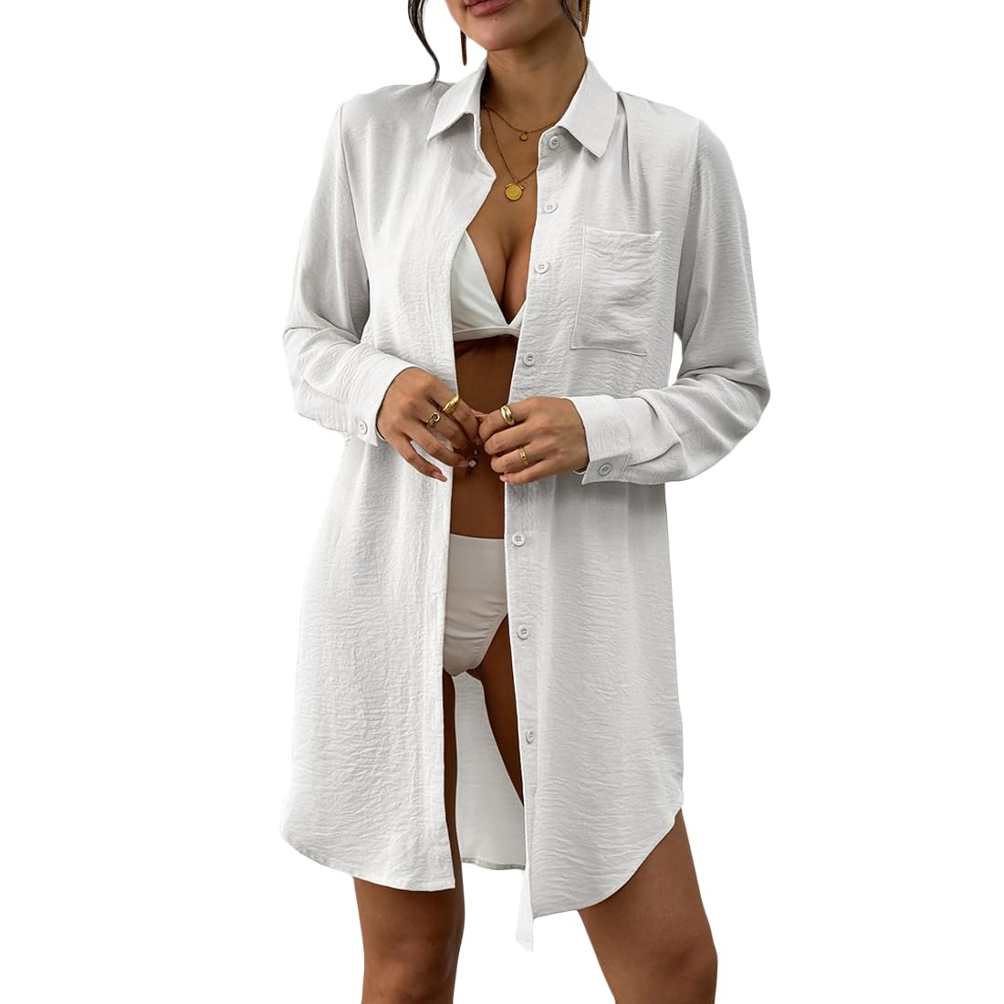 Women’s Swimsuit Cover up,Button Down Shirt Midi Dress,Summer Beach Coverups,Bathing Suit,Womens Blouse Top,Shirt Dress