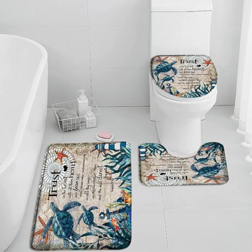 3 Pieces Set Green Sea Turtles Bathroom Rugs Inspirational Quote Vintage Nautical Map Beach Theme Motivational Words Funny Toilet Lid Cover Pedestal Rug U-Shaped Non-Slip Carpet