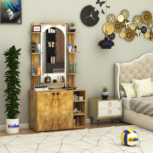 Image of Anikaa Venza Engineered Wood Dressing Table with Wall Mounted Mirror & LED Lights Open Shelf | Makeup Vanity Storage Cabinet with Soft Closed Hinge Door for Bedroom -(Giantwood /White) DIY Installation