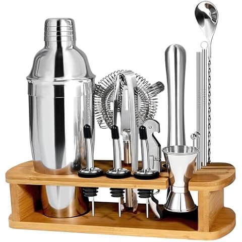 CasaCulina Cocktail Shaker Set Mixology Bartender Kit with Stand, 17 Piece Bar Tool Set: Martini Shaker, Jigger, Strainer, Mixer Spoon, Muddler, Liquor Pourers for Drink Mixing Bartending Kit(Silver) Cover