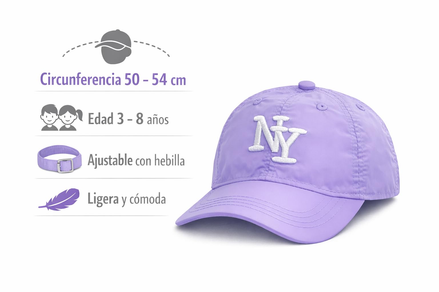 Gorra de niño con Bordado NY de 6 Paneles con Cierre Ajustable. con Orificios de ventilación Bordados. Gorra Infantil, niñas y niños Entre 4 y 13 años