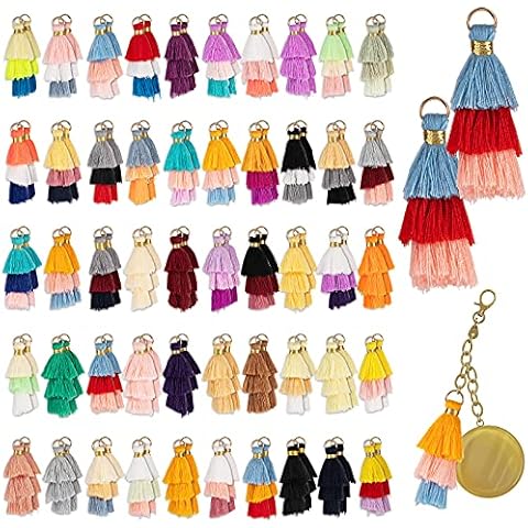 Dingion 100Pcs Tiny Tri Layered Keychain Tassels Mini Tassel Craft Jewelry Making Tassel for Earring Bookmark(Classic Color) Cover