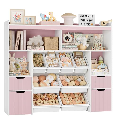 Image of HORSTORS 55" W Toy Storage Organizer with Drawers, Large Kids Toy Storage Box with Removable Bins, Tall Kids Bookshelf and Bookcase for Boys and Girls, Modern Toy Chest for Playroom, Classroom, Pink