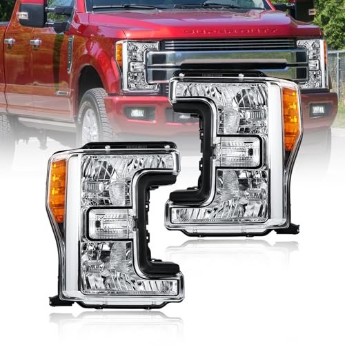 DimFlux Headlight Assembly Headlights Kit Compatible with 2017-2019 Ford F250 F350 F450 F550 Super Duty Fits Models with Halogen Headlights Only Replacement Headlamp Chrome Housing Amber Reflector