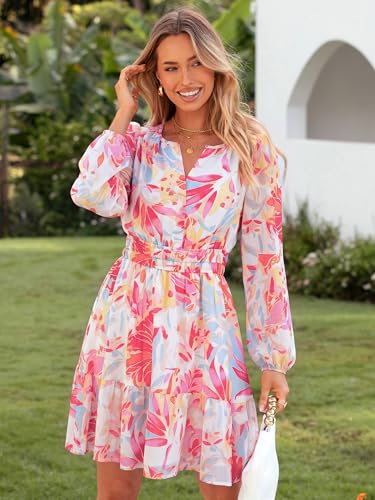 Image of Simplee Womens Spring Floral Mini Dress Long Sleeve Boho Chiffon Short Dress Casual Flowy Fall Wedding Guest Dresses