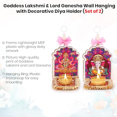 Image of Akaar Decor Lakshmi Ganesha Diya Hanging Set of 2 | Decorative Wall Hanging Tea Light Holder with Floral Accent | Diwali Decoration for Home, Pooja Room, Temple & Mandir Decor