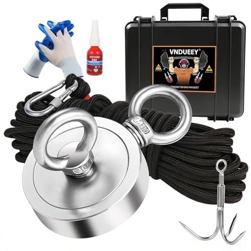VNDUEEY 1000 LBS Fishing Magnet Kit, Magnet Fshing Kit-Includes Grappling Hook, Heavy Duty 65FT Rope, Gloves & Locking Carabiner - 2.95inch Diameter
