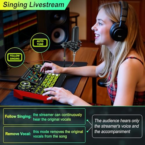 Image of Podcast Microphone Bundle with Live Sound Card Audio Mixer, Podcast Equipment Bundle with 3.5mm Condenser Microphone for Pc /Phone Live Streaming Singing Gaming, Sound Board with Voice Changer, Denoise