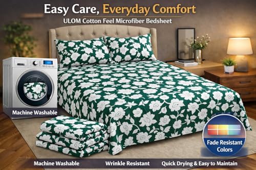 Image of Cotton Feel King Size Flat Bedsheet for Double Bed (90 x 100 Inches | 230 x 250 cm) with 2 Pillow Covers | Soft & Smooth Printed Bedsheet for Daily Use (Green-White, King Bed-90x100)