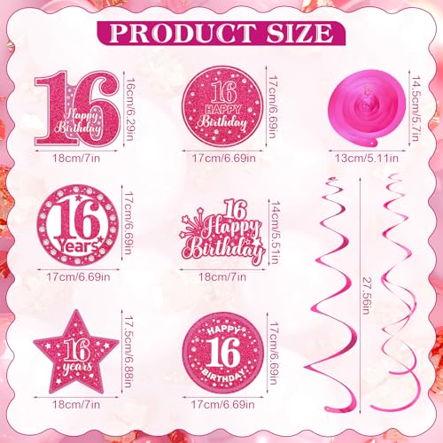 Image of Pink Sweet 16 Birthday Decorations Girls Sweet 16 Birthday Banner & Hanging Swirls Tissue Pompoms for Girls 16 Years Old Party Supplies