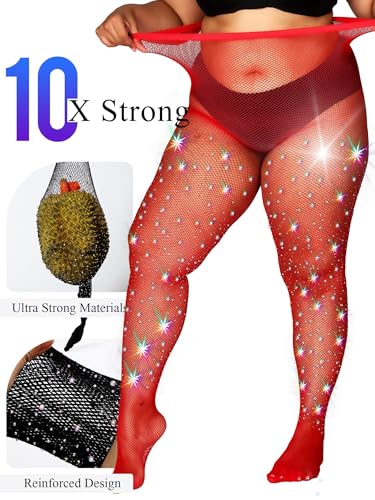 Image of HONENNA Queen Plus Size 10X Strong Rhinestone Fishnet Stockings, Ultra Sparkly High Waist Tights for Women, Party Concert