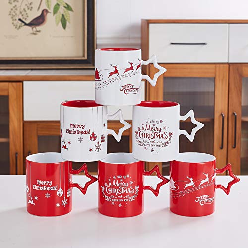 Coffee Mug Set Set of 6 Large-sized 14 Ounce Christmas Theme Ceramic Coffee Mugs Restaurant Coffee Mugs, Star Handle