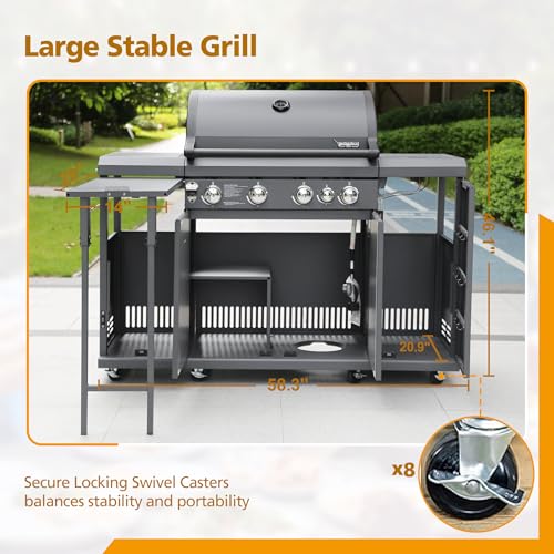 Brand-Man-Gas-Outdoor-Kitchen-Island-Grill-Storage-Cabinets-52000BTU-Stainless-Steel-Patio-Garden-Cooking-Propane-Gas-BBQ-Grill-with-Side-Burner-Gray-4-Burner Brand Man Gas Outdoor Kitchen Island Grill Storage Cabinets 52000BTU Stainless Steel Patio Garden Cooking Propane Gas BBQ Grill with Side Burner Gray 4 Burner
