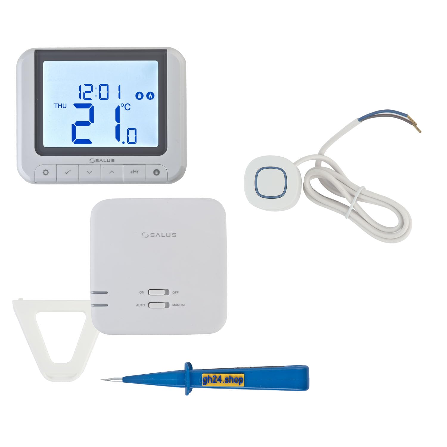 SALUS Controls Heizung Einzelraumregelung Digitaler Funk Raumthermostat mit Empfänger, 1x Stellantrieb und 1x gh24 Phasenprüfer